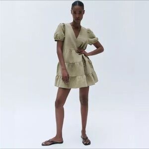 Zara tiered puff sleeve olive green babydoll mini dress